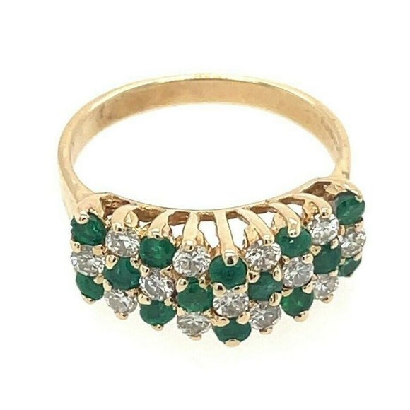Vintage Emerald Diamond ThreeRow Cluster Gold Ring - Picture 2 of 4
